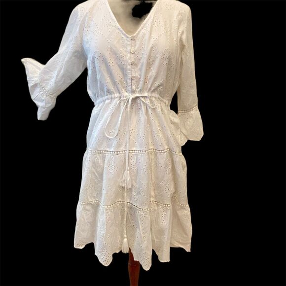 Modaposa White Eyelet Midi Dress CottageCore Cotton Lined Feminine NWT LARGE